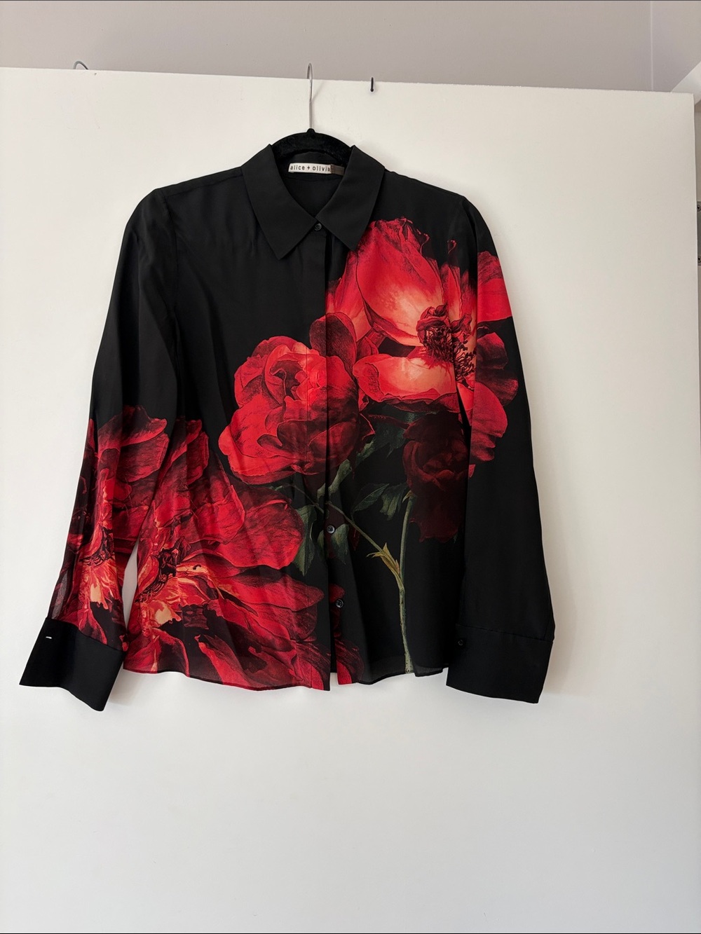 Alice + Olivia Black Button-Down Shirt with Red Floral Print